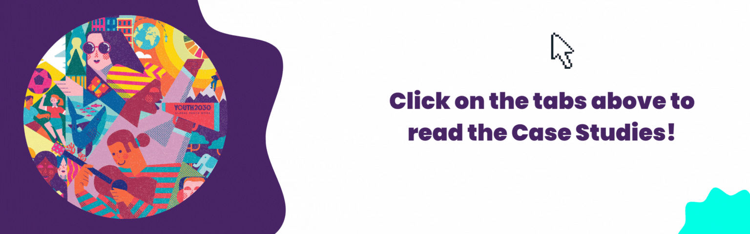 A banner that reads 'Click on the tabs above to read the Case Studies!'